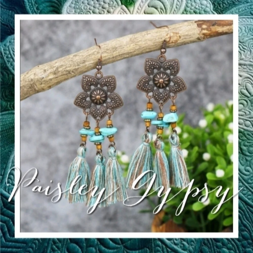 Dangling Flower Medallion Earrings with Boho Tassels